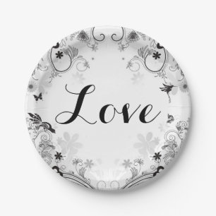 Pretty Flower Garden and Birds ~ Black, White LOVE Paper Plate