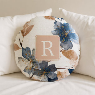 Pretty Flower Monogram Template Personalized Round Cushion