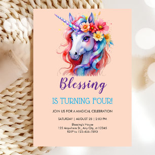 Pretty flower unicorn birthday invitation
