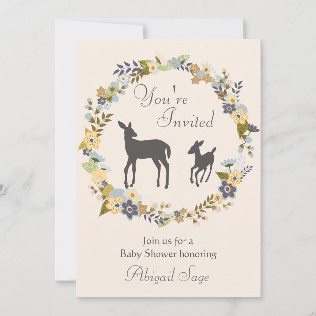 Pretty Flower Wreath and Deer Baby Shower Invite (Front)