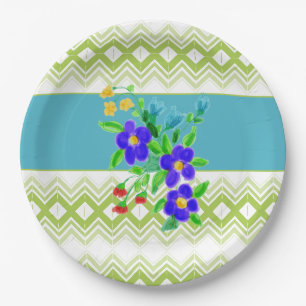 Pretty Flowered Plates In Teal and Lime