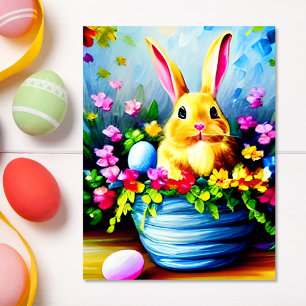 Pretty Flowers and Cute Bunny Easter Holiday Postcard