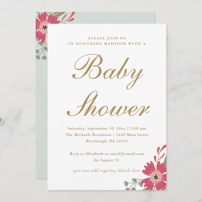 Pretty Flowers and Mint Green Baby Shower Invitation (Front/Back)