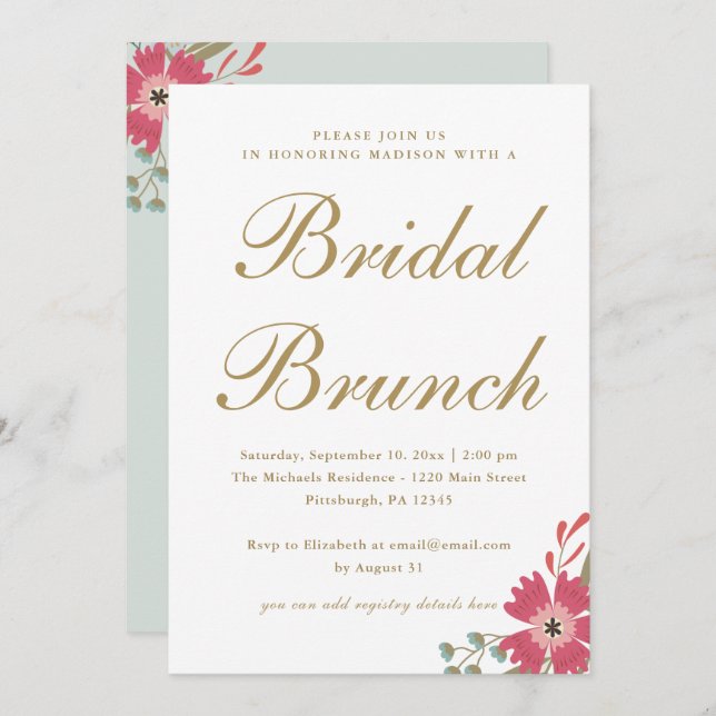 Pretty Flowers and Mint Green Bridal Brunch Invitation (Front/Back)