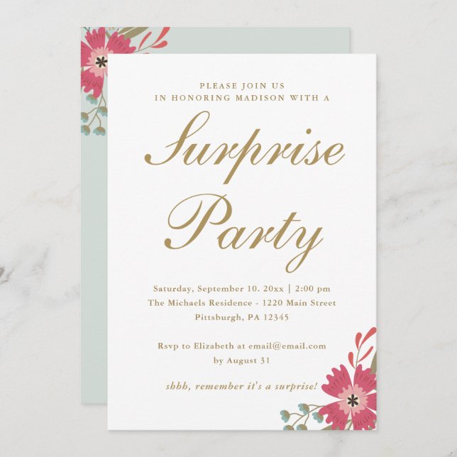 Pretty Flowers and Mint Green Surprise Party Invitation (Front/Back)