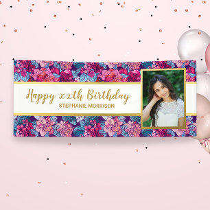 Pretty Flowers,  Any Age, Custom Photo Birthday Banner