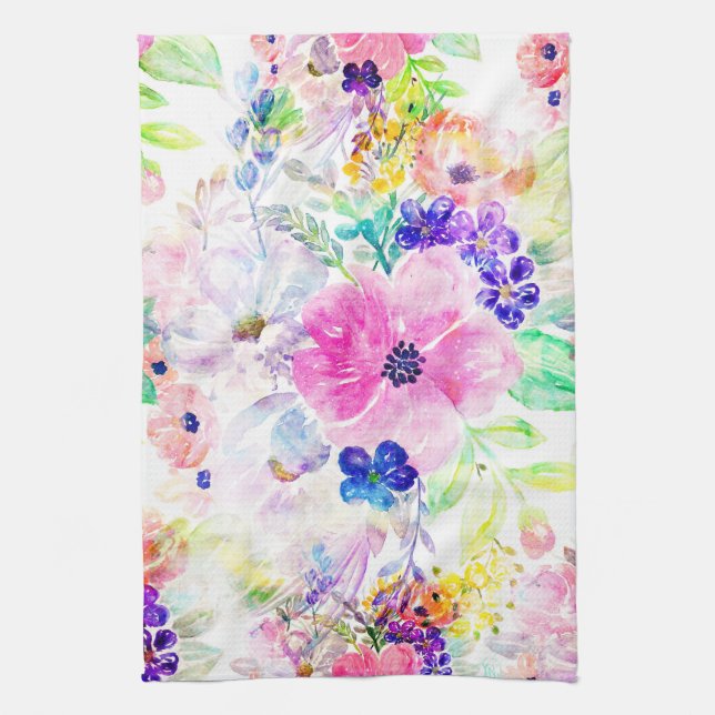 Pretty Flowers Boho Floral Watercolor Design Tea Towel (Vertical)