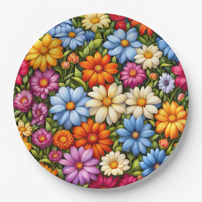 Pretty Flowers, Brightly Colored, Paper Plate (Front)