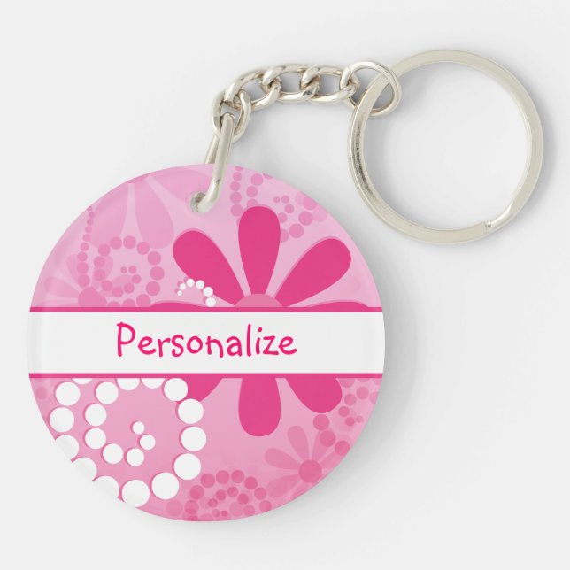 Pretty Flowers Cute Pink Retro Daisies With Name Key Ring (Back)