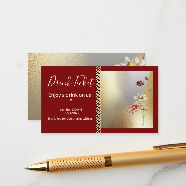 Pretty Flowers Drink Ticket Enclosure Card (Front/Back In Situ)