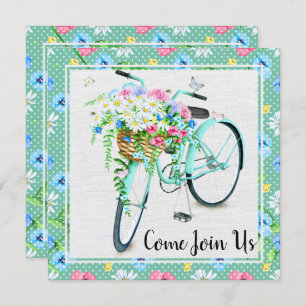 Pretty Flowers & Green Bicycle Birthday Party Invitation