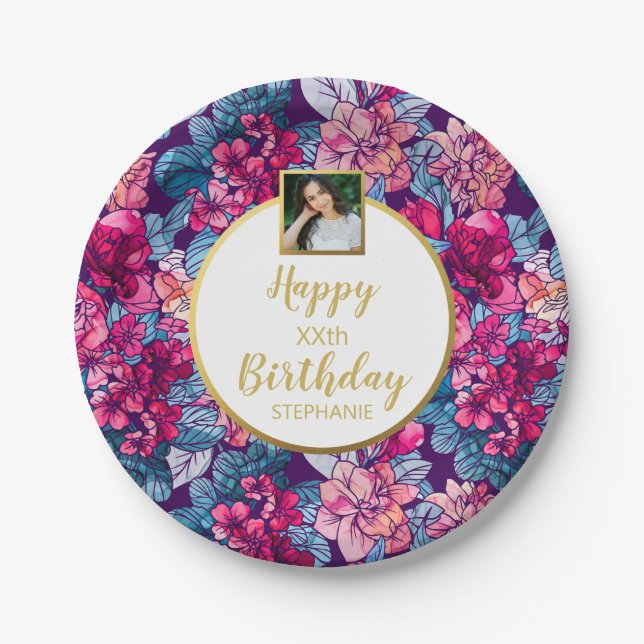 Pretty Flowers, Happy Birthday, Custom Photo Text Paper Plate (Front)