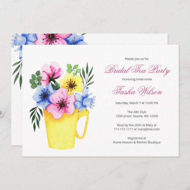 Pretty Flowers in a Teacup Bridal Shower Tea Party Invitation (Front/Back)