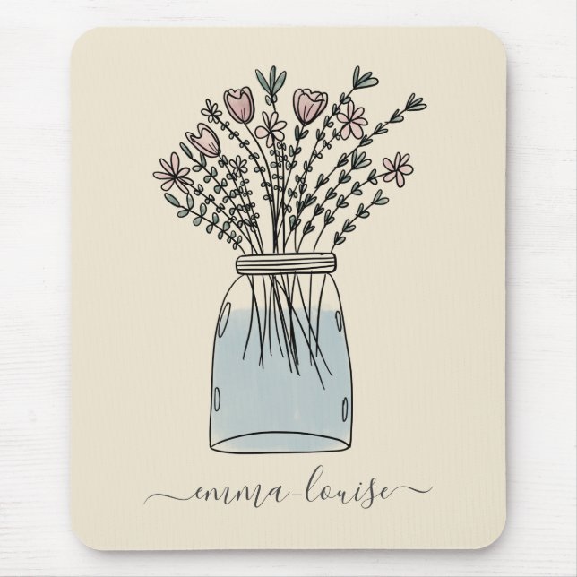 Pretty Flowers Mason Jar Hand Lettered Monogram Mouse Pad (Front)