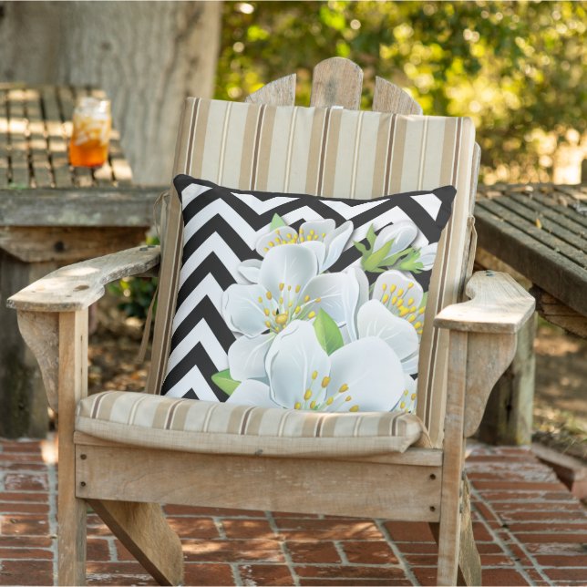 Pretty Flowers On Black And White Zigzag Pattern Cushion (Chair)