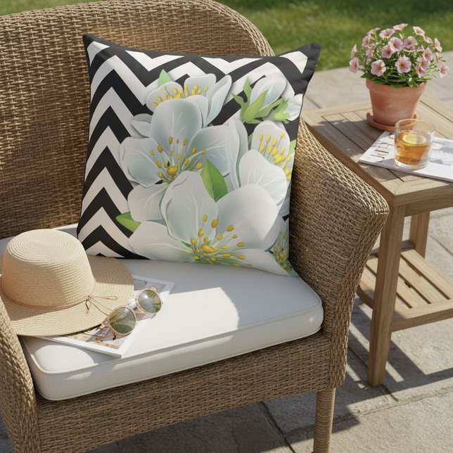 Pretty Flowers On Black And White Zigzag Pattern Cushion (Creator Uploaded)