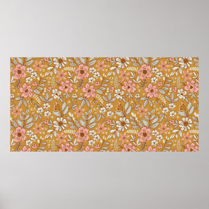 Pretty flowers on gold seamless pattern poster