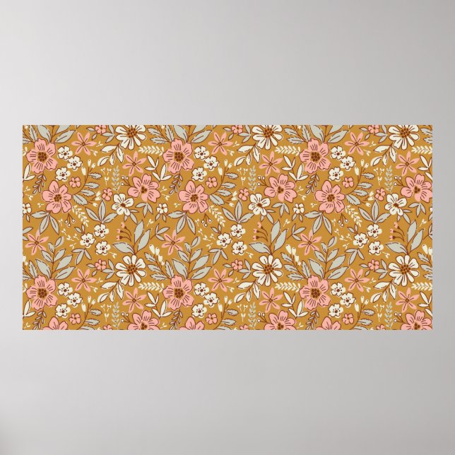Pretty flowers on gold seamless pattern poster (Front)