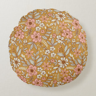 Pretty flowers on gold seamless pattern round cushion