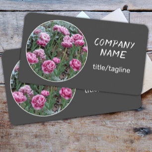 pretty flowers pink tulips on charcoal grey business card
