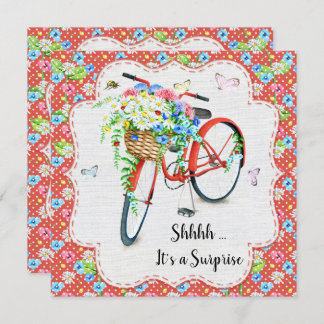 Pretty Flowers & Red Bike Surprise Birthday Party Invitation