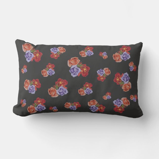 pretty flowers red roses and rose buds floral lumbar cushion (Front)