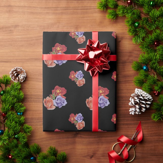 pretty flowers red roses and rose buds floral wrapping paper (Holiday Gift)