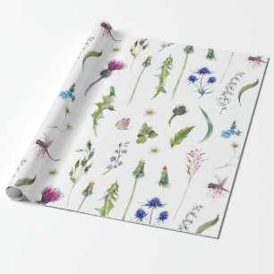 Pretty Flowers Thistle Dragonfly Design Wrapping Paper
