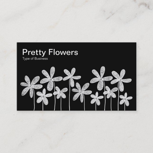 Pretty Flowers - White on Black (Two Tones) Business Card (Front)