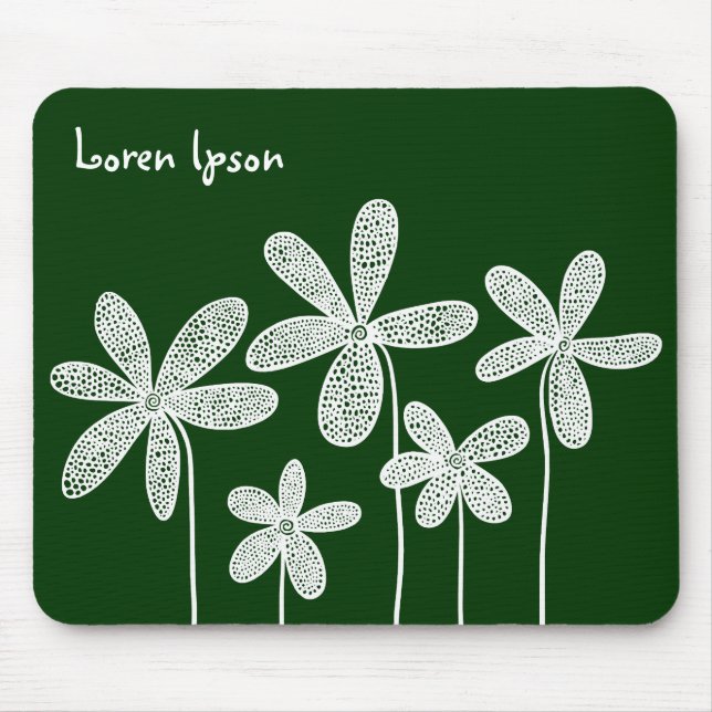 Pretty Flowers - White on Dark Green Mouse Pad (Front)