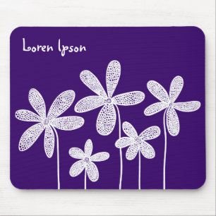 Pretty Flowers - White on Deep Purple Mouse Pad