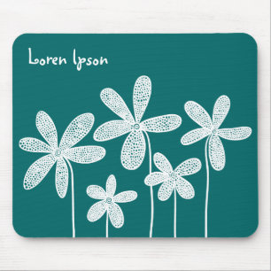 Pretty Flowers - White on Green 006666 Mouse Pad