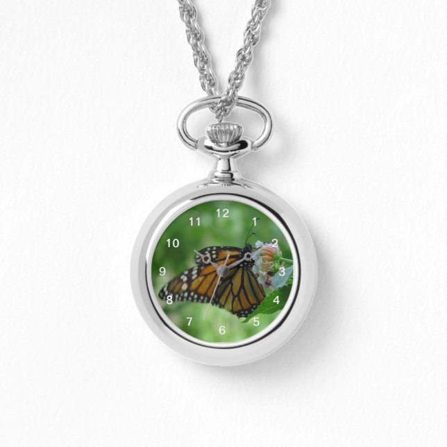 Pretty Fluttering Monarch Butterfly on Pink Flower Watch (Front)