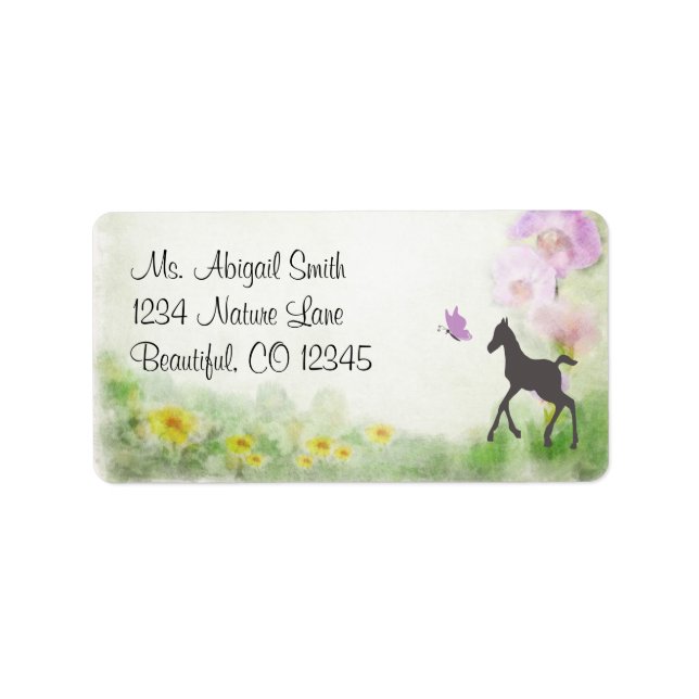 Pretty Foal, Butterfly and Flowers Horse Address Label (Front)