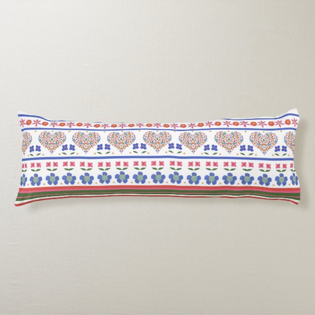 Pretty Folk Art Floral Hearts Border Body Pillow (Front)