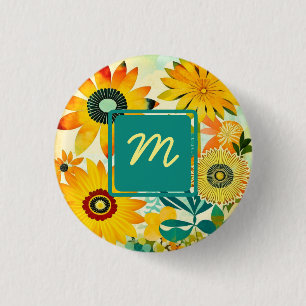 Pretty Folk Art Flowers Monogrammed 3 Cm Round Badge