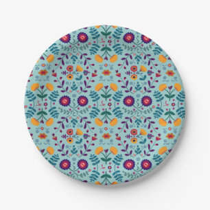 Pretty Folk Art Flowers Pattern Paper Plate