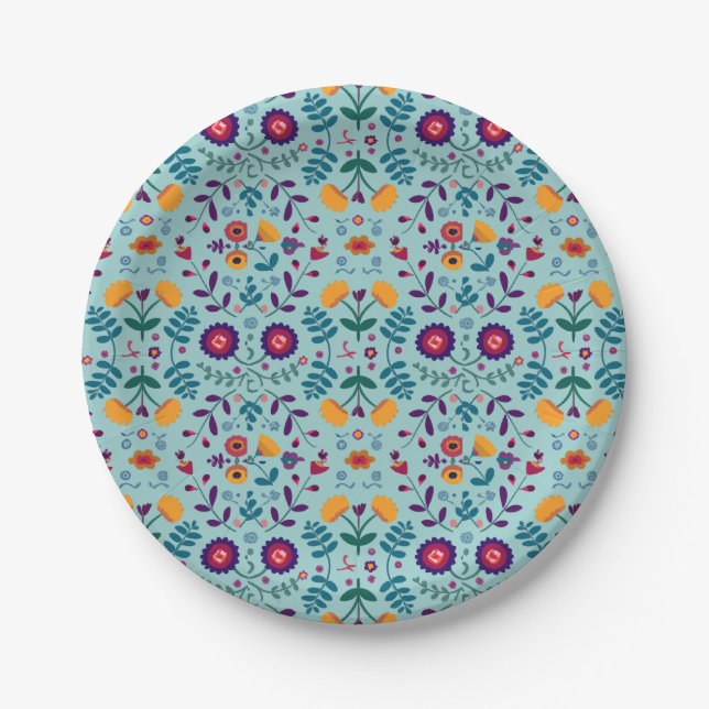 Pretty Folk Art Flowers Pattern Paper Plate (Front)