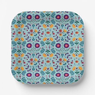Pretty Folk Art Flowers Pattern Paper Plate