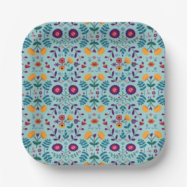 Pretty Folk Art Flowers Pattern Paper Plate (Front)