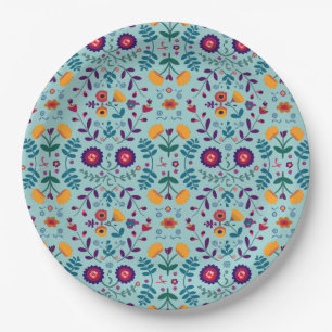 Pretty Folk Art Flowers Pattern Paper Plate