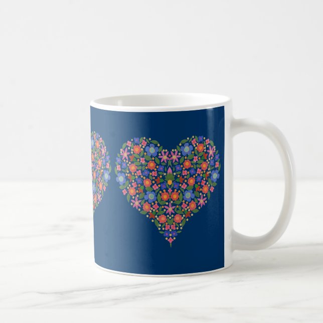 Pretty Folk Art Style Floral Heart on Blue Mug (Right)