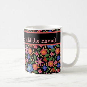 Pretty Folk Art Style Floral on Black Coffee Mug