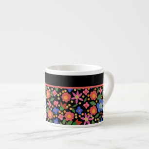 Pretty Folk Art Style Floral on Black Espresso Mug