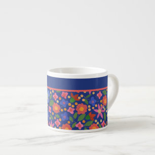 Pretty Folk Art Style Floral on Blue Espresso Mug