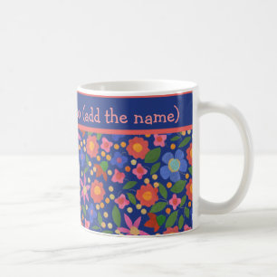 Pretty Folk Art Style Floral Pattern on Blue Coffee Mug