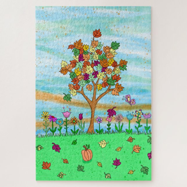  Pretty Folk Art Whimsical Autumn Tree Fall Leaves Jigsaw Puzzle (Vertical)