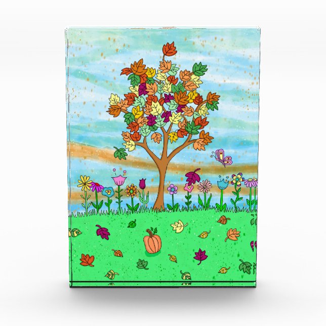  Pretty Folk Art Whimsical Autumn Tree Fall Leaves Photo Block (Front)