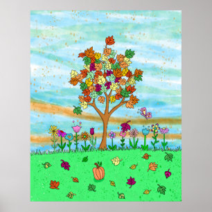  Pretty Folk Art Whimsical Autumn Tree Fall Leaves Poster