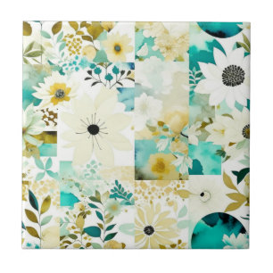 Pretty Folk Art White and Turquoise Flowers Ceramic Tile